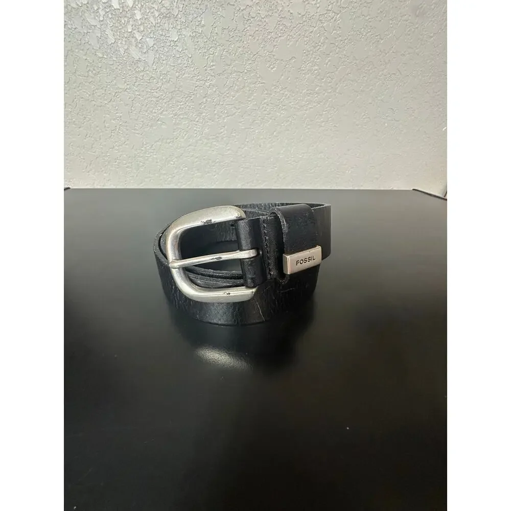 Fossil Black Leather Belt Men XL Silver Buckle Elegant Glam Old Money Preppy
